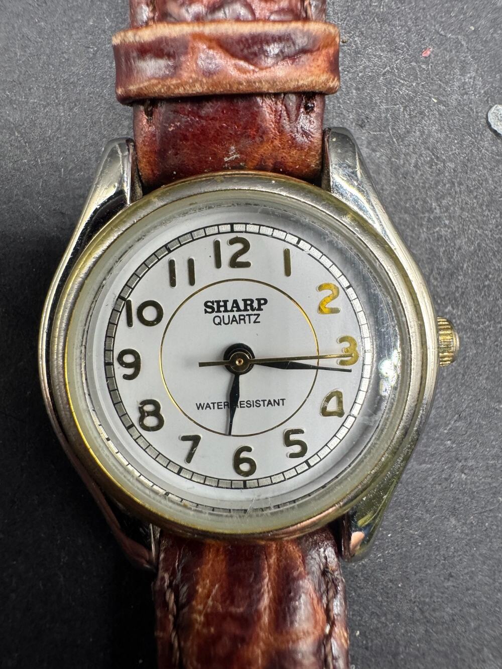 Vintage Sharp Quartz Water Resist Silver Tone Brown Leather Band Watch 398441